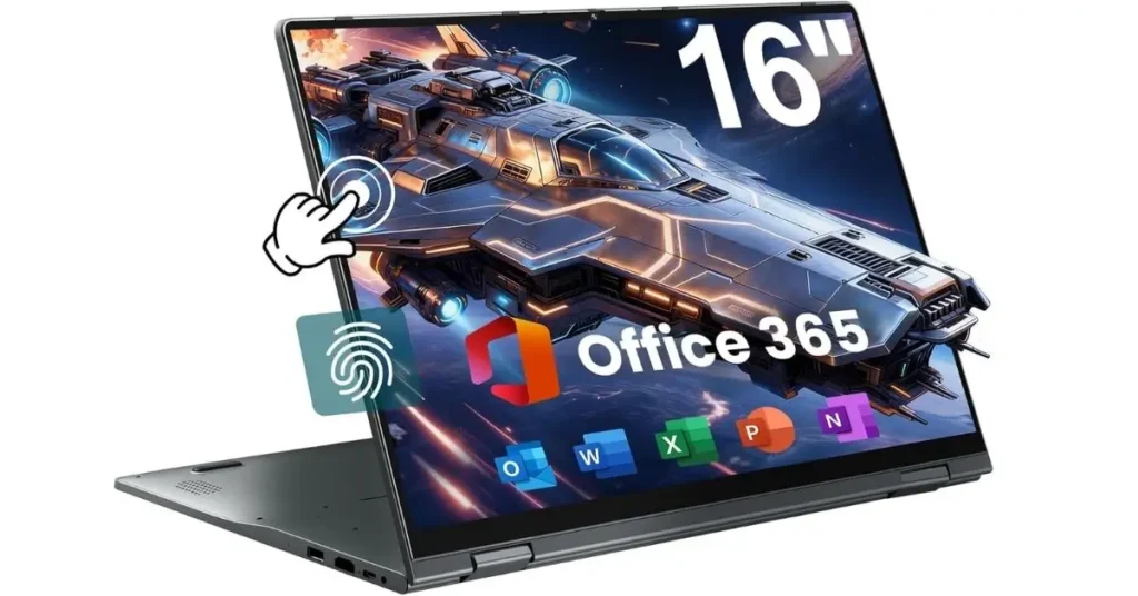 jumper: Close-up angled view of a gray 16-inch convertible laptop with its touchscreen displaying a dramatic sci-fi spaceship wallpaper. Prominent "16"" label on the top-right bezel, a hand cursor icon indicating touch functionality,