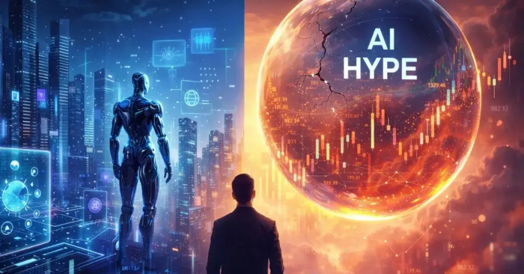 Futuristic AI Technology city with robot and digital interfaces facing a cracked glowing AI bubble labeled AI Hype with stock market charts inside