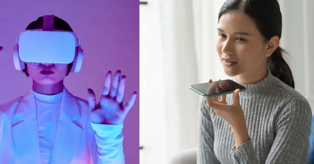Split image showing a woman using a virtual reality headset with neon lighting and another woman using a smartphone voice assistant indoors. AI Technology