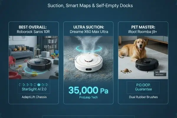 robotic vacuum Dark blue promotional graphic comparing three 2026 robot vacuums: Roborock Saros 10R (best overall) in a living room, Dreame X60 Max Ultra (ultra suction, 35,000 Pa) with strong airflow effects, and iRobot Roomba j9+ (pet master