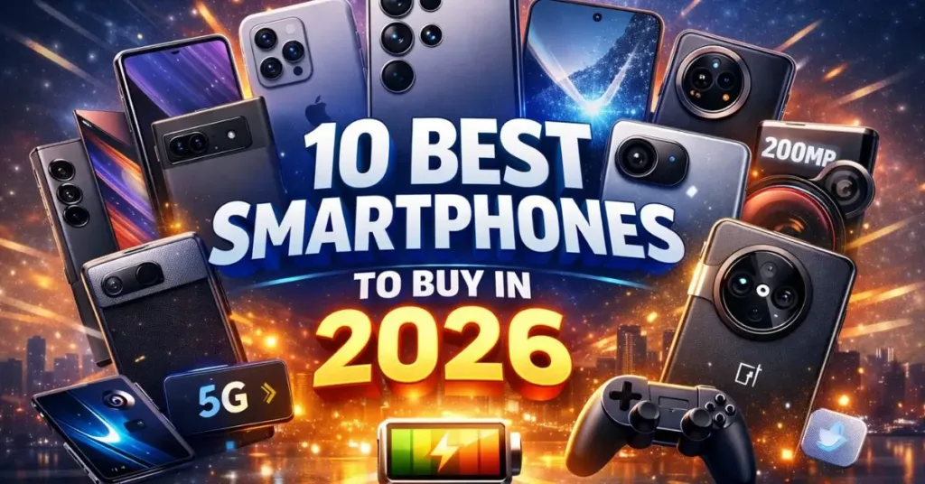 Collage of the 10 best smartphones to buy in 2026 featuring flagship devices with 5G, 200MP cameras, gaming performance, and long battery life against a futuristic city background.