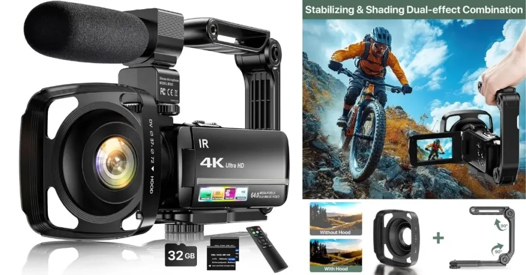 FJFJOPK 4K video camera camcorder with external microphone handheld stabilizer 32GB SD card and remote control
