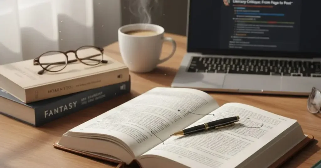 book reviews: Open book with pen on a desk beside a laptop coffee cup and stacked books in a cozy writing workspace