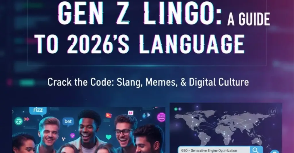 gen z lingo: An infographic-style feature image for a blog titled "Gen Z Lingo: A Guide to 2026’s Language." The image features a diverse group of young adults laughing and using smartphones, with floating speech bubbles containing slang like "rizz," "delulu," and "no cap." Beside them is a digital dashboard showing SEO/EEAT data tables and a world map.