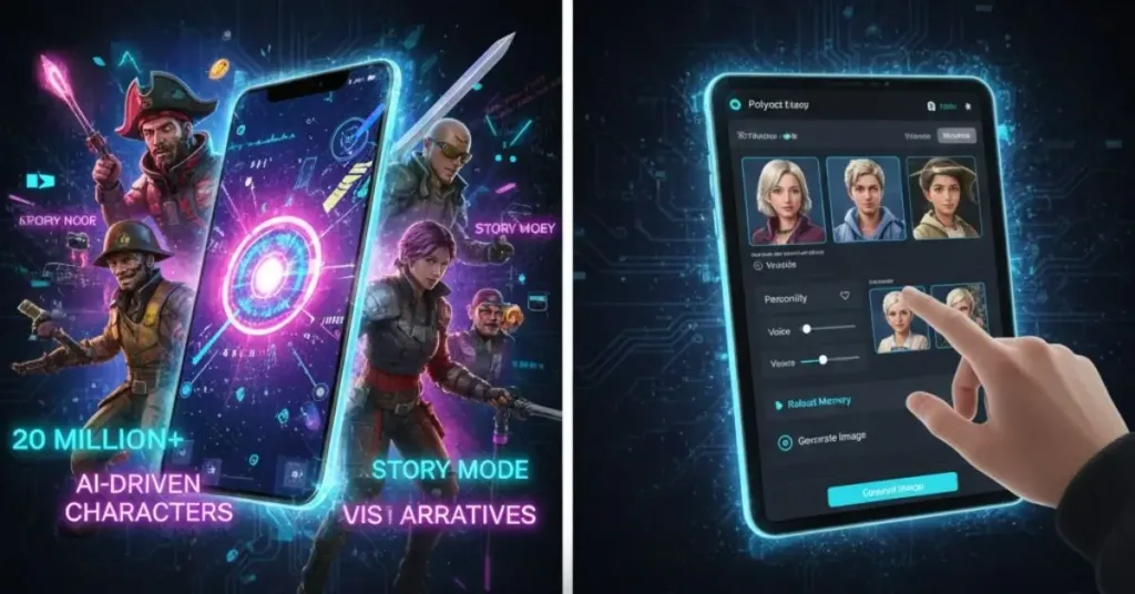 A professional split-screen infographic for a PolyBuzz AI review. The left side, titled "Immersive Mode," displays a smartphone with vibrant, AI-driven characters like a pirate and a futuristic warrior. The right side, titled "Custom Creation," shows a hand interacting with a tablet interface used to customize AI personas, voices, and memories.