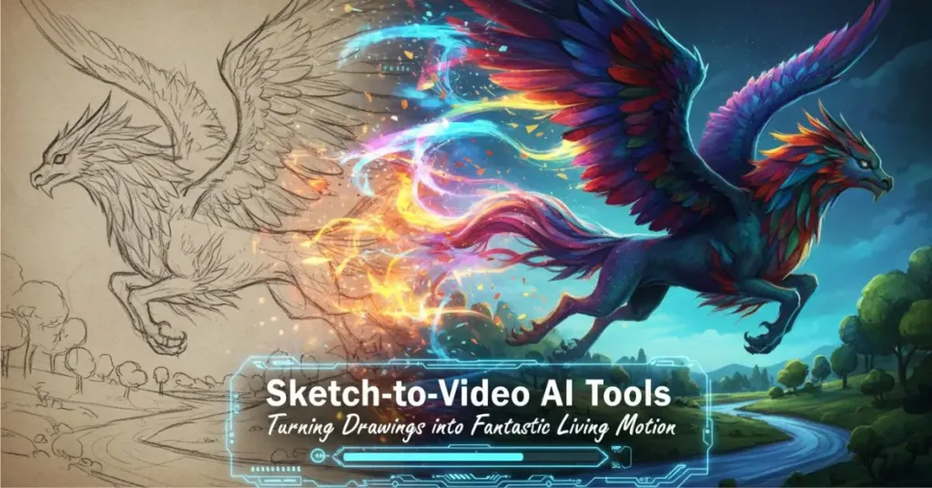 Sketch-to-Video AI: A split-image illustration showing a pencil sketch of a winged mythical creature on the left transforming into a vibrant, colorful animated phoenix-like dragon with rainbow wings, fiery trails, and glowing energy effects on the right, set against a starry night sky and landscape background.