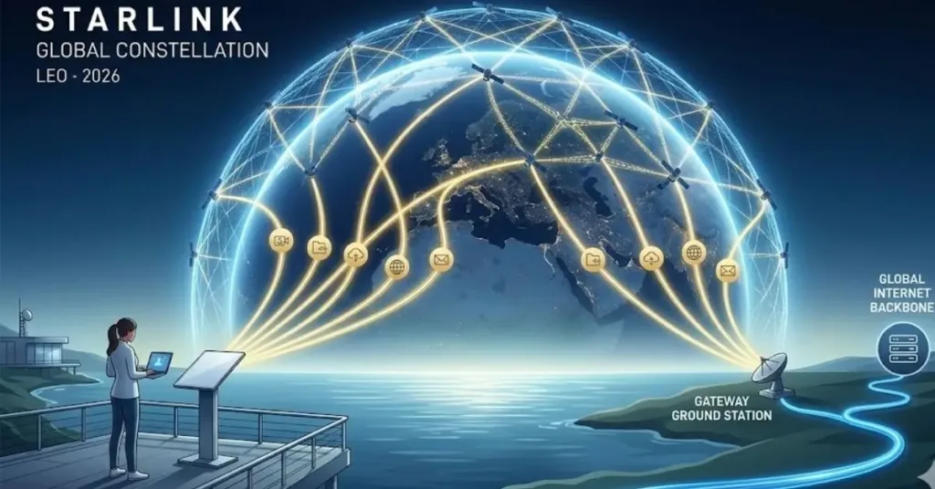 A high-tech digital illustration showing a user at a remote terminal connecting to a glowing mesh of Starlink satellites orbiting Earth, with data streams linking to a ground station and the internet backbone.