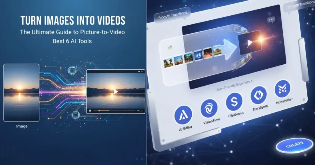 Promotional graphic titled "TURN IMAGES INTO VIDEOS" featuring a serene sunset lake photo on the left transforming into a short video clip on a device screen, with futuristic circuit patterns and icons of six AI tools (including AI Editor, VisionFlow, ClipGenius, StorySynth, MovieMaker) displayed on a tablet-like interface with smooth transition labels and a "CREATE" button.