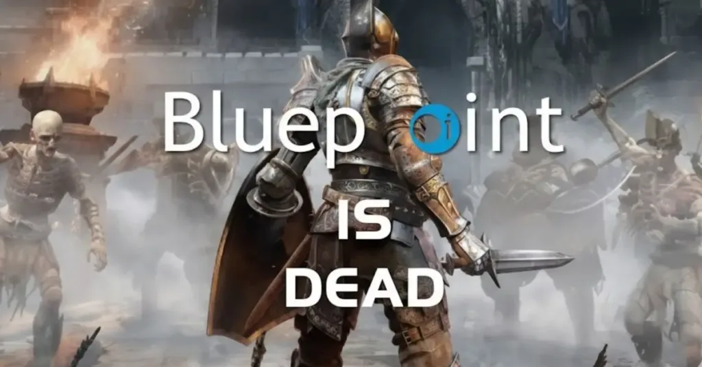 : A cinematic shot of a knight in polished armor from the Demon's Souls remake standing in a foggy courtyard, with the text "Bluepoint IS DEAD" overlaid in a bold, modern font. Technology Solutions Professional: Guide + 5 Key Responsibilities