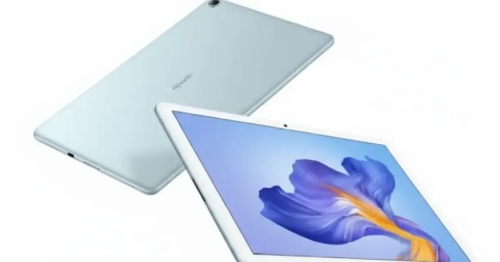 A slim, modern 11-inch tablet with a light blue metallic finish showing the front and back view on a clean white background.