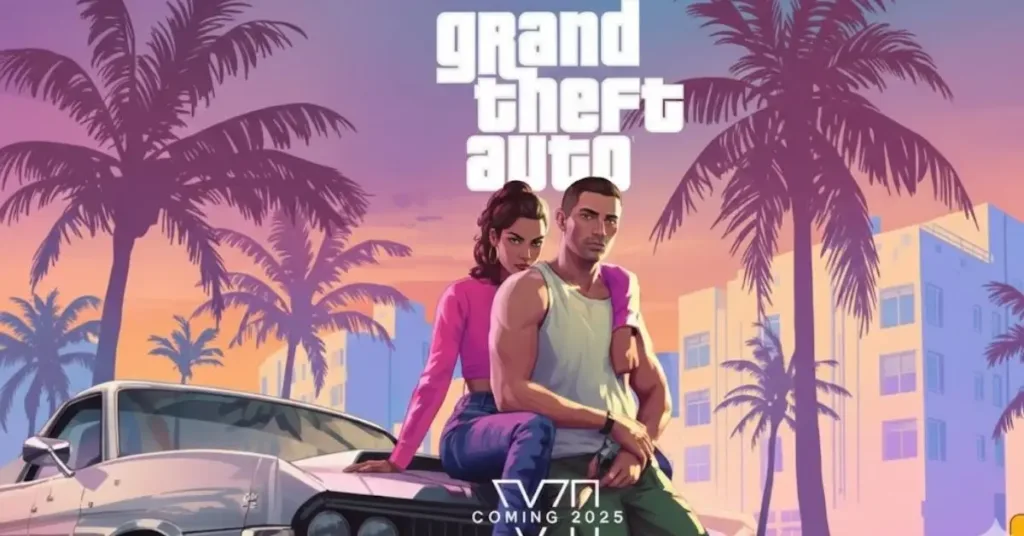 A high-resolution cinematic artwork of GTA 6 featuring protagonists Jason and Lucia leaning against a classic muscle car with a sunset Vice City skyline and palm trees in the background.