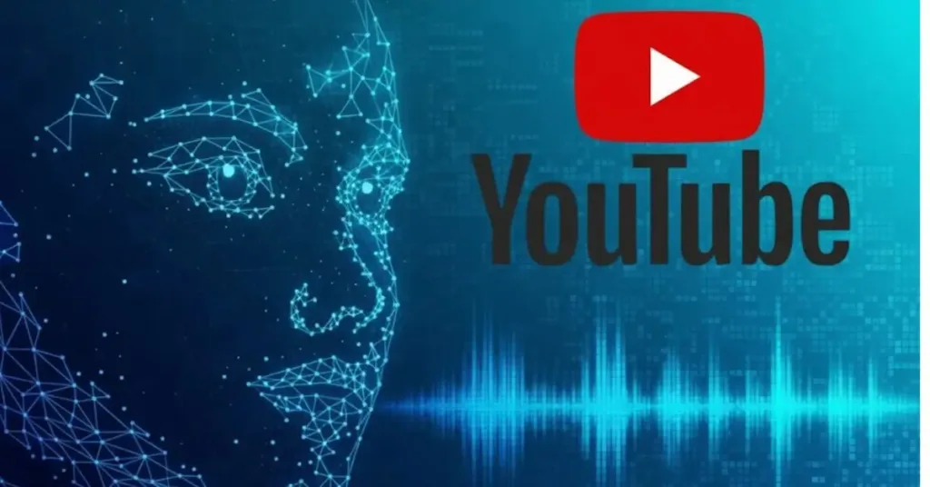 A high-tech digital graphic featuring a blue wireframe human face connected to a glowing cyan audio waveform, with the YouTube logo positioned on the right to represent AI-powered video dubbing and translation technology.