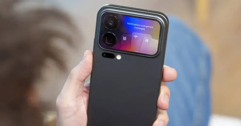 Rear view of a Xiaomi flagship smartphone featuring a secondary AMOLED display next to a large camera module with Leica branding.