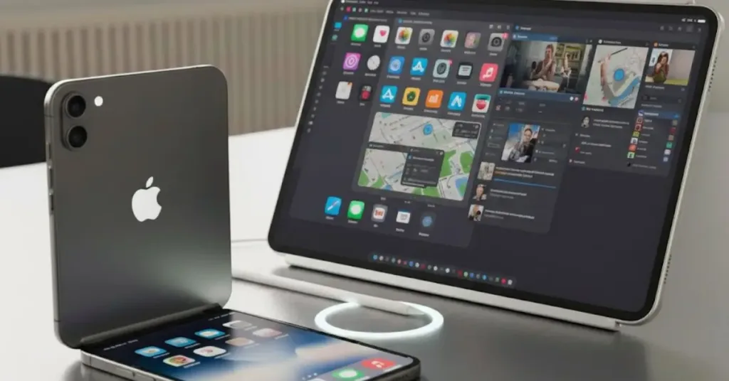 A high-resolution concept of an Apple iPhone Fold in a slate gray finish, partially folded on a desk next to an iPad showing a multitasking interface and an Apple Pencil.