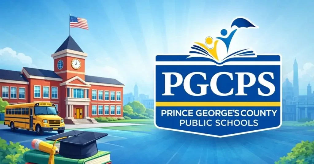 Illustration of Prince George’s County Public Schools building with school bus, books, graduation cap, and PGCPS logo representing Maryland’s public school district.
