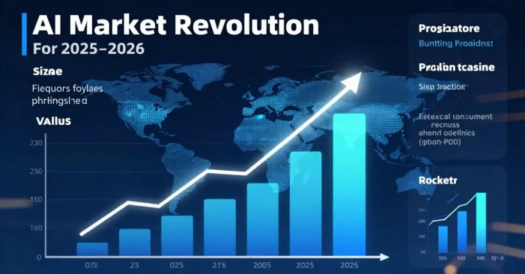 AI market growth chart for 2025–2026 showing rising bar graph and upward trend arrow on global map background.