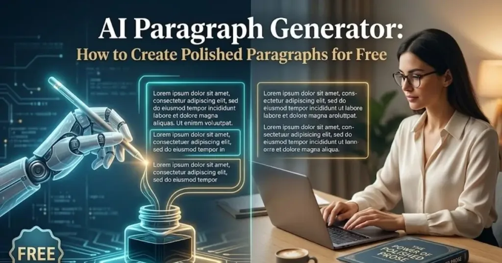 AI paragraph generator concept with a robotic hand writing text while a woman works on a laptop.