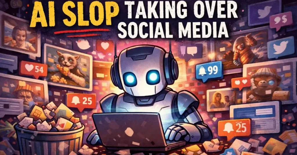Robot surrounded by chaotic AI-generated social media posts representing the rise of AI slop online.