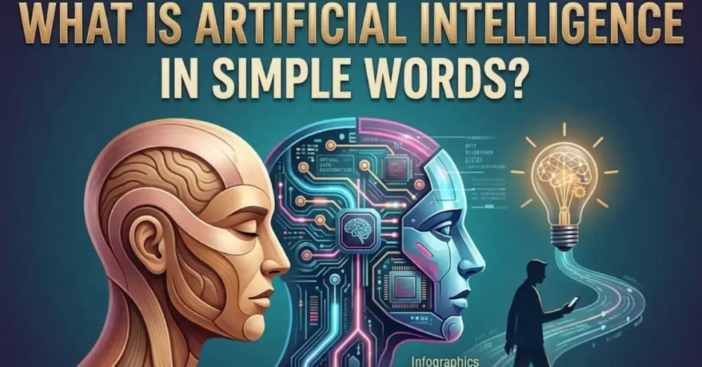 An infographic illustrating the difference between human intelligence and artificial intelligence, with two profile heads and a question "What is AI, Artificial Intelligence in Simple Words?"