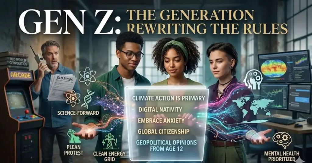 An infographic contrasting a group of three multi-ethnic Generation Z individuals actively rewriting digital 'Rules of the Future' against an confused older parent with archaic 'OLD RULES' technology.