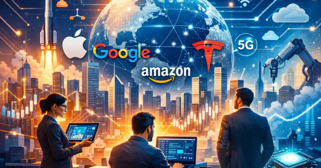 Illustration of global tech companies ecosystem with cloud computing, AI, robotics, and major technology brands powering the digital economy.