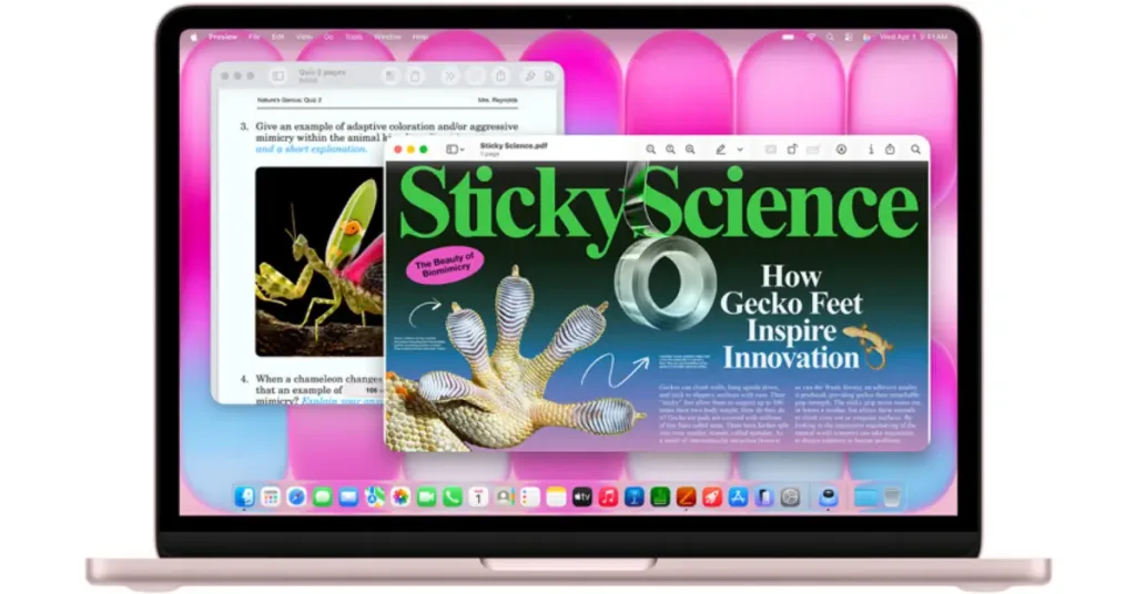 A MacBook Neo showing the macOS interface with open windows for a science quiz and a document titled "Sticky Science: How Gecko Feet Inspire Innovation."