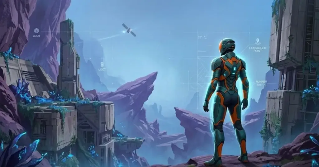 Marathon Game: A high-definition character in teal and orange armor, known as a Runner, stands on a rocky overlook viewing a landscape of brutalist architecture and alien flora with digital tactical overlays.