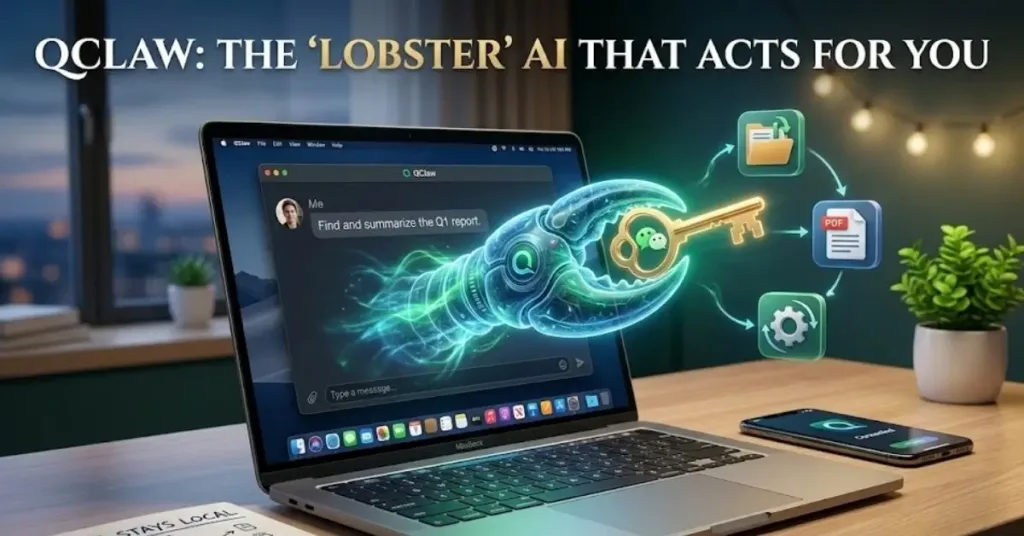 Laptop displaying QClaw AI agent interface with a glowing lobster-shaped AI and automation icons.