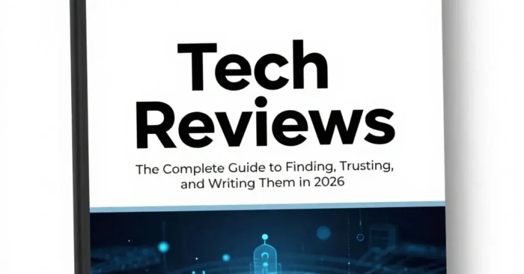 Tech Reviews guide cover with headline about finding, trusting, and writing tech reviews in 2026.