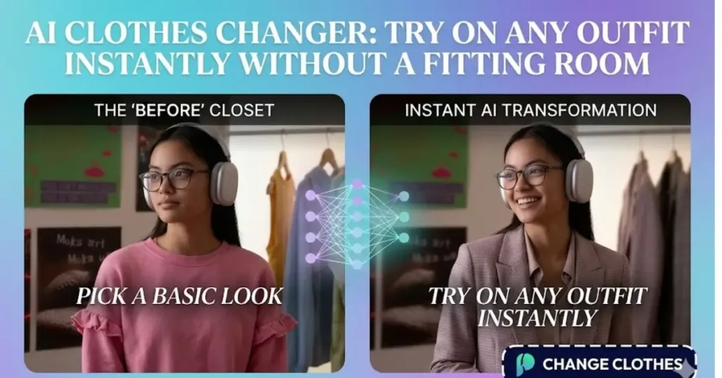 AI clothes Changer: A two-panel infographic showing a female gamer instantly changing from a basic pink sweatshirt to a professional tailored outfit using an AI-powered interface.