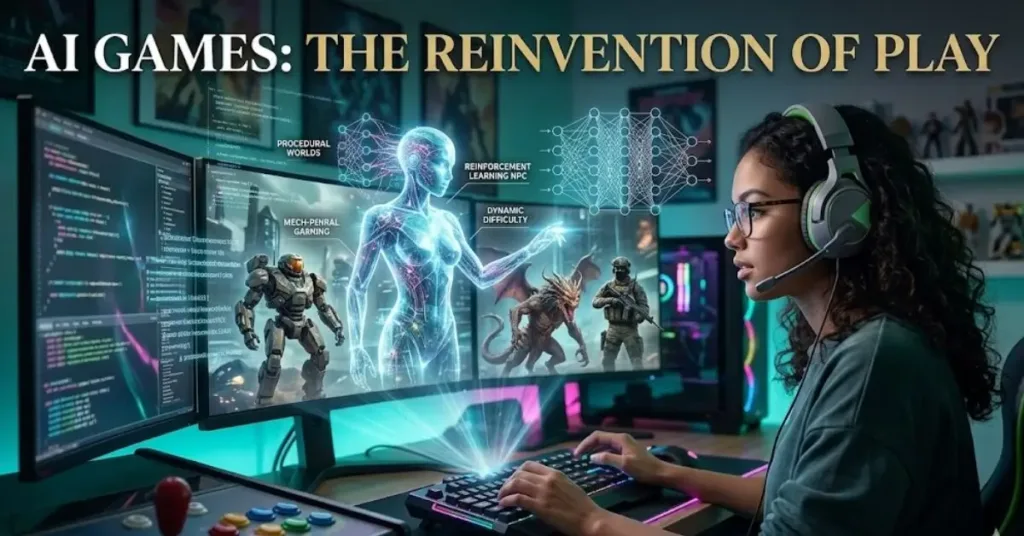 AI Games: An illustration of a female gamer interacting with a radiant, neural network AI entity that is projecting and dynamically reinventing characters in a futuristic RPG.