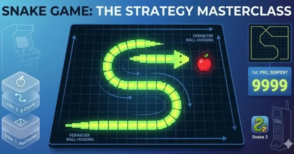 snake game, A prominent blue arrow traces the snake's path along the bottom perimeter, illustrating how pro players stay safe near the edges.