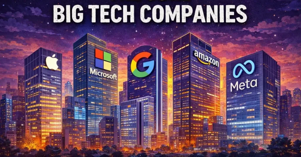 Illustration of major big tech companies including Apple, Microsoft, Google, Amazon, and Meta represented as skyscrapers in a modern digital city.