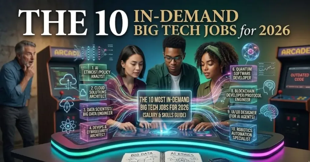 big tech jobs: An infographic showing three young professionals at a glowing digital desk, with 10 high-tech job titles for 2026 floating in neon cubes, including AI Ethicist, Quantum Software Developer, and Robotics Automation Specialist.