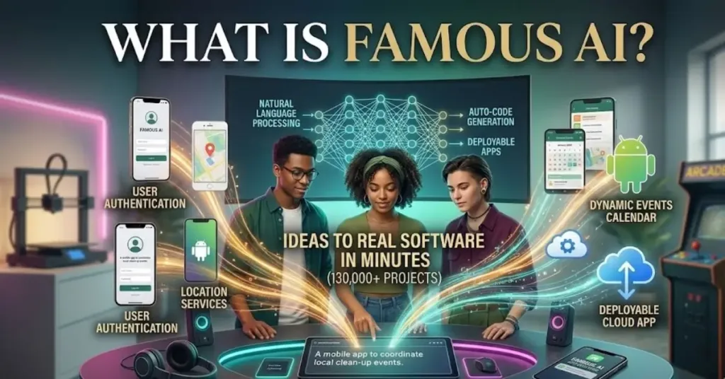 famous ai, A diverse group of entrepreneurs using a futuristic touch interface to turn a written app description into fully functional mobile software modules like authentication and location services.