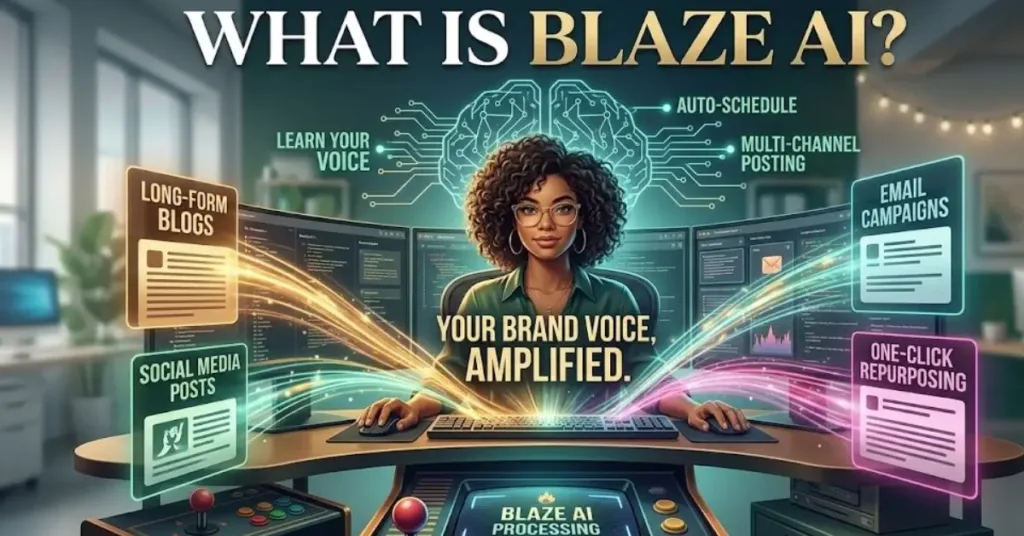 A dynamic illustration showing a female professional at a desk, with luminous data transforming into content like long-form blogs and social posts using a 'Blaze AI' system.