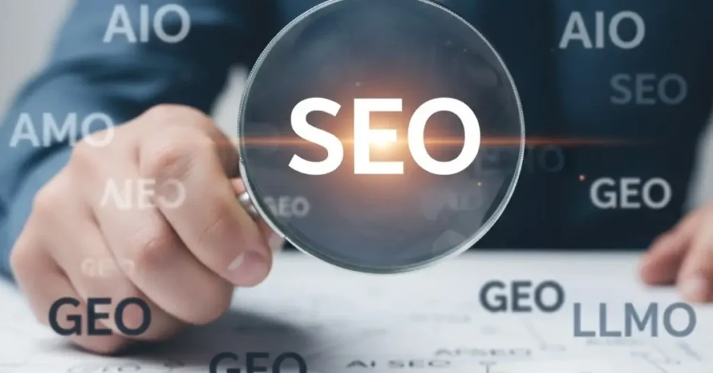 A magnifying glass held by a hand focuses clearly on the letters "SEO," while surrounding buzzwords like "AIO," "GEO," and "LLMO" are blurred in the background.