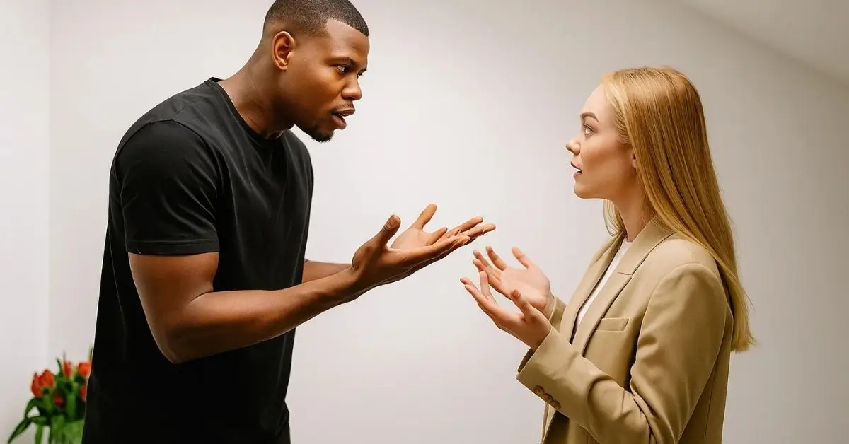 how to stay calm: A Black man in a black t-shirt passionately speaks with open hands to a blonde woman in a beige blazer who looks back at him with a surprised or defensive expression.